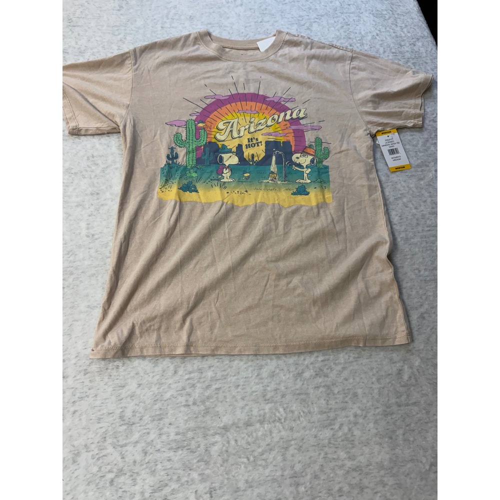 Peanuts Snoopy Arizona Its Hot Mineral Wash Graphic Tee Sand Womens Medium NEW